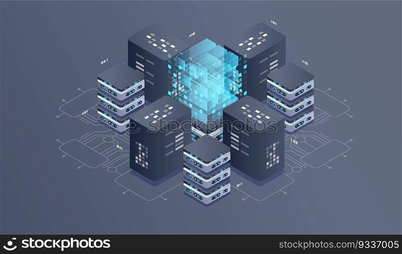 Technology isometric infographic design for quantum computer. Blockchain server concept, server room, database, information storage. Creative isometric concept.
