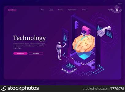 Technology isometric landing page, ai robot printing huge human brain on 3d printer with microcircuit chips. Artificial intelligence development neon glowing futuristic background, vector web banner. Technology isometric landing page, ai robot, brain