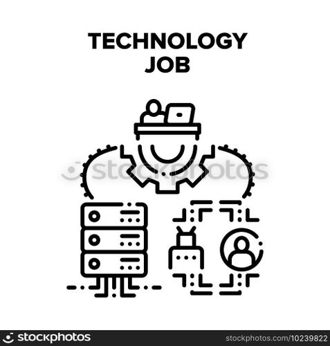 Technology Job Vector Icon Concept. Programmer It Worker Developing Software Code On Computer At Working Desk, Programming Robot And Support Server Technology Job Black Illustration. Technology Job Vector Concept Color Illustration