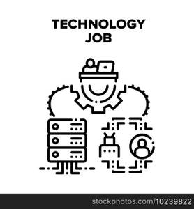 Technology Job Vector Icon Concept. Programmer It Worker Developing Software Code On Computer At Working Desk, Programming Robot And Support Server Technology Job Black Illustration. Technology Job Vector Concept Color Illustration