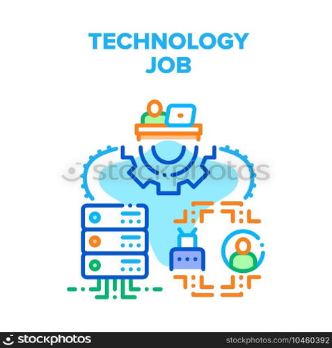 Technology Job Vector Icon Concept. Programmer It Worker Developing Software Code On Computer At Working Desk, Programming Robot And Support Server Technology Job Color Illustration. Technology Job Vector Concept Color Illustration