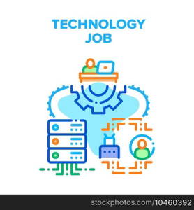 Technology Job Vector Icon Concept. Programmer It Worker Developing Software Code On Computer At Working Desk, Programming Robot And Support Server Technology Job Color Illustration. Technology Job Vector Concept Color Illustration