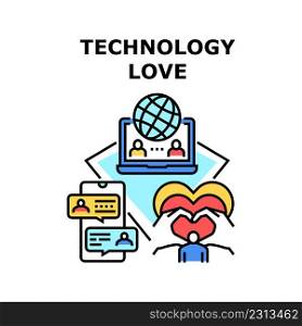 Technology Love Vector Icon Concept. Technology Love Application For Acquaintance And Connection Lovers. Couple Messaging And Video Calling Online With Internet And Smartphone Color Illustration. Technology Love Vector Concept Color Illustration