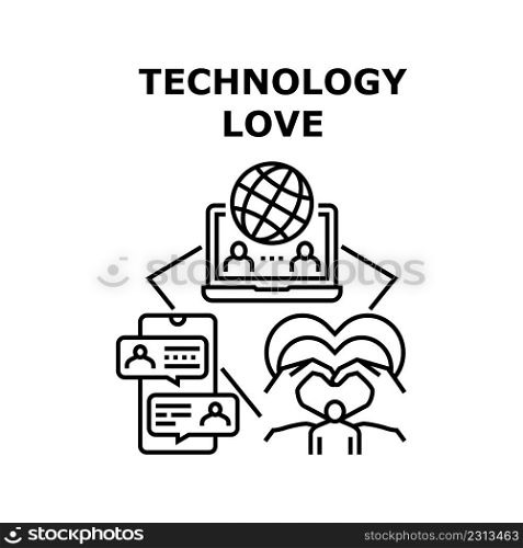 Technology Love Vector Icon Concept. Technology Love Application For Acquaintance And Connection Lovers. Couple Messaging And Video Calling Online With Internet And Smartphone Black Illustration. Technology Love Vector Concept Black Illustration