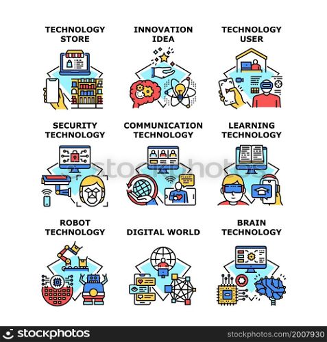 Technology network tech set. Communication, cyber privacy. school training, future. artificial. mind solution. user digital control. tore shop vector concept color illustration. Technology network tech set icon vector illustration