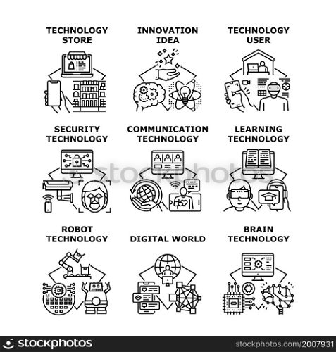 Technology network tech set. Communication, cyber privacy. school training, future. artificial. mind solution. user digital control. tore shop vector concept black illustration. Technology network tech set icon vector illustration