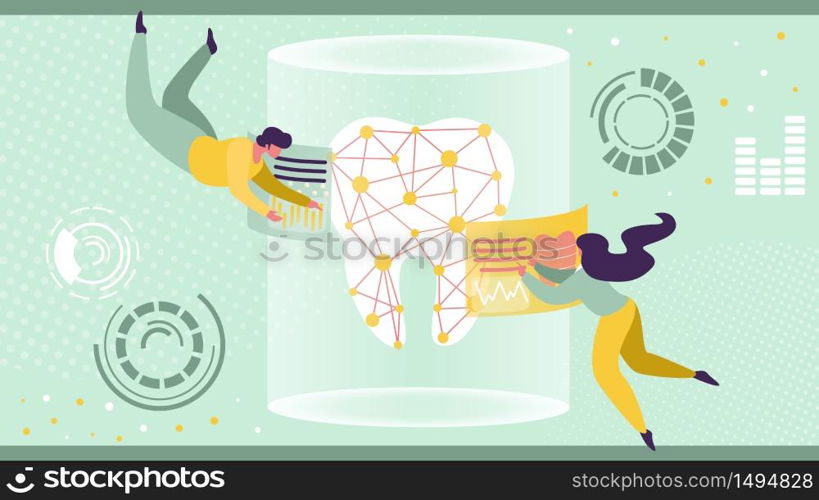 Technology of Future in Stomatology Healthcare. Tiny People Fly Around of Huge Tooth Inside of Augmented Reality Screen with Graphs and Charts. Analysis Teeth Health. Cartoon Flat Vector Illustration. Technology of Future in Stomatology Healthcare.