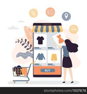 Technology of purchase in the online store. Modern smartphone with marketplace application on screen. Woman customer order and payment goods. Virtual shopping concept background. Vector illustration