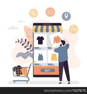 Technology of purchase in the online store. Smartphone with marketplace application on screen. Handsome man customer order and payment goods. Virtual shopping concept background. Vector illustration