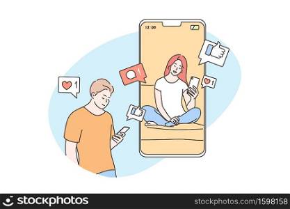Technology, online, communication, media, quarantine concept. Young man boyfriend chatting with woman girlfriend on social network smartphone. Remote conversation during lockdown period illustration.. Technology, online, communication, social media, quarantine concept