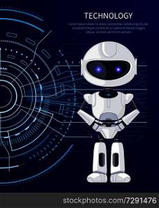 Technology placard with given text sample and headline above, white robot standing calmly and interface with circles and lines vector illustration. Technology Robot and Interface Vector Illustration