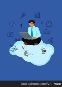 Technology poster and busy man vector illustration of employee on white cloud with grey laptop, set of business stuff isolated on blue background. Technology Poster and Busy Man Vector Illustration