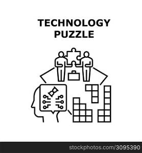 Technology Puzzle Vector Icon Concept. Technology Puzzle Application Playing Video Game Entertainment And Enjoyment, Play Smart And Jigsaw Logical Gaming Smartphone App Black Illustration. Technology Puzzle Vector Concept Illustration