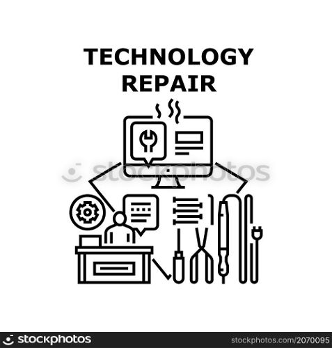 Technology repair fix service. Support tool. Technical computer. Device setting. Application setup vector concept black illustration. Technology repair icon vector illustration