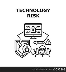 Technology Risk Vector Icon Concept. Technology Risk For Losing Personal Information And Security Database. Hacker Hacking Computer With Virus. Cyberscape Digital Problem Black Illustration. Technology Risk Vector Concept Black Illustration
