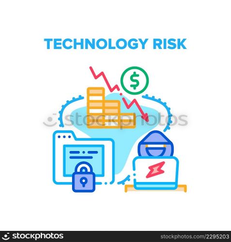Technology Risk Vector Icon Concept. Technology Risk For Lost Private Information And Money In Bank Account, Hacker Breaking Computer Security Software. Digital Protection System Color Illustration. Technology Risk Vector Concept Color Illustration
