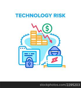 Technology Risk Vector Icon Concept. Technology Risk For Lost Private Information And Money In Bank Account, Hacker Breaking Computer Security Software. Digital Protection System Color Illustration. Technology Risk Vector Concept Color Illustration