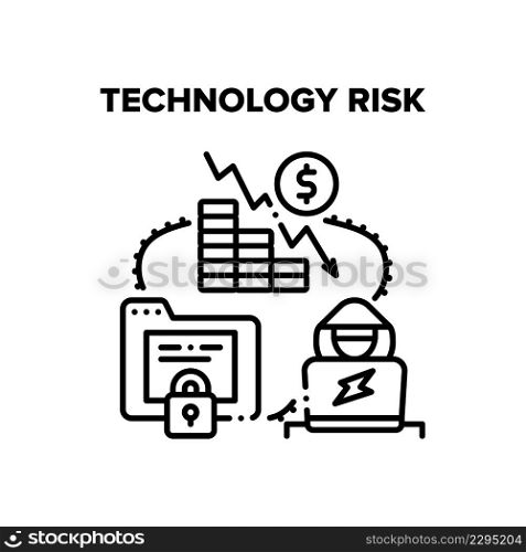 Technology Risk Vector Icon Concept. Technology Risk For Lost Private Information And Money In Bank Account, Hacker Breaking Computer Security Software. Digital Protection System Black Illustration. Technology Risk Vector Concept Black Illustration