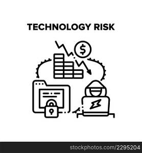 Technology Risk Vector Icon Concept. Technology Risk For Lost Private Information And Money In Bank Account, Hacker Breaking Computer Security Software. Digital Protection System Black Illustration. Technology Risk Vector Concept Black Illustration