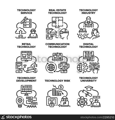 Technology Service Set Icons Vector Illustrations. Digital Technology Service And Development, Real Estate And Industry, Retail Device And Communication Gadget, University And Risk Black Illustrations. Technology Service Set Icons Black Illustrations