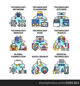 Technology Service Set Icons Vector Illustrations. Technology Service And Risk, Network And Connection, Medical Electronic Equipment And Puzzle, Classroom And Kitchen Color Illustrations. Technology Service Set Icons Vector Illustrations