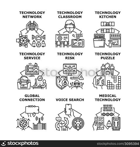 Technology Service Set Icons Vector Illustrations. Technology Service And Risk, Network And Connection, Medical Electronic Equipment And Puzzle, Classroom And Kitchen Black Illustration. Technology Service Set Icons Vector Illustrations