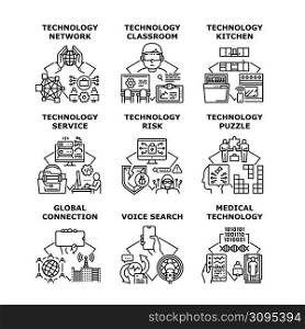 Technology Service Set Icons Vector Illustrations. Technology Service And Risk, Network And Connection, Medical Electronic Equipment And Puzzle, Classroom And Kitchen Black Illustration. Technology Service Set Icons Vector Illustrations