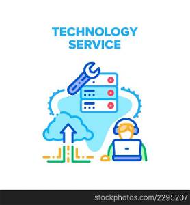 Technology Service Vector Icon Concept. Call Center Worker Supporting Client On Phone And Online On Computer, Maintenance Of Digital Server And Cloud Storage Technology Service Color Illustration. Technology Service Vector Concept Illustration