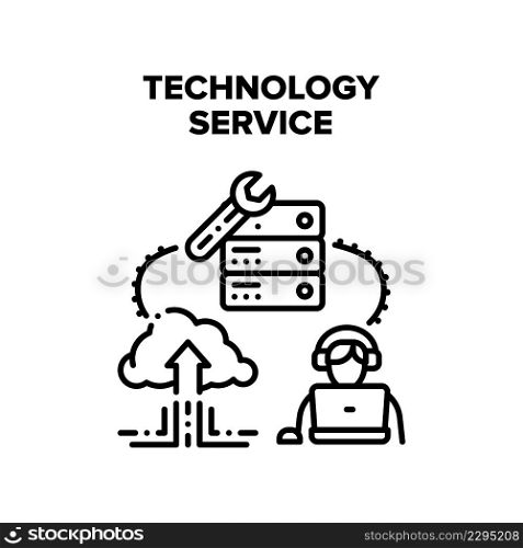 Technology Service Vector Icon Concept. Call Center Worker Supporting Client On Phone And Online On Computer, Maintenance Of Digital Server And Cloud Storage Technology Service Black Illustration. Technology Service Vector Black Illustration