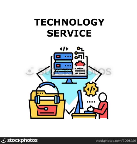 Technology Service Vector Icon Concept. Technology Service Worker Coding Software And Create Web Site On Computer, Call Center Support And Advice, Database Storage Information Color Illustration. Technology Service Vector Concept Illustration