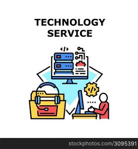 Technology Service Vector Icon Concept. Technology Service Worker Coding Software And Create Web Site On Computer, Call Center Support And Advice, Database Storage Information Color Illustration. Technology Service Vector Concept Illustration