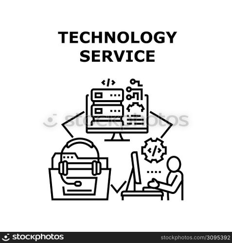 Technology Service Vector Icon Concept. Technology Service Worker Coding Software And Create Web Site On Computer, Call Center Support And Advice, Database Storage Information Black Illustration. Technology Service Vector Concept Illustration