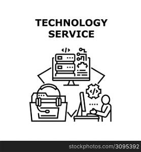 Technology Service Vector Icon Concept. Technology Service Worker Coding Software And Create Web Site On Computer, Call Center Support And Advice, Database Storage Information Black Illustration. Technology Service Vector Concept Illustration