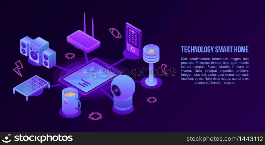 Technology smart home concept banner. Isometric illustration of technology smart home vector concept banner for web design. Technology smart home concept banner, isometric style