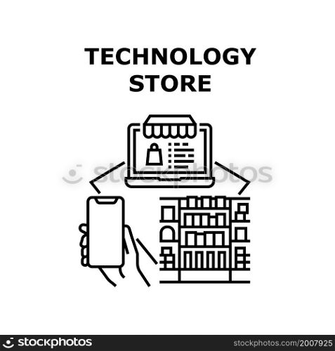 Technology store shop. computer mobile phone supermarket. smart appliance. electronic sale technology store vector concept black illustration. Technology store icon vector illustration
