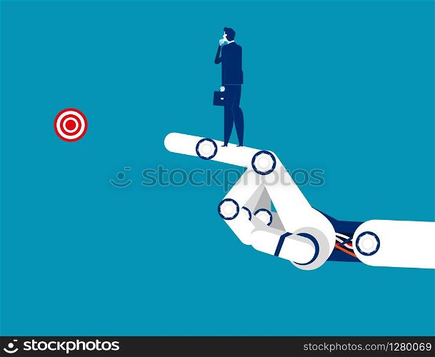 Technology success. Businessman standing on the arm mechanical. Concept business vector illustration. Flat character, Cartoon style design.