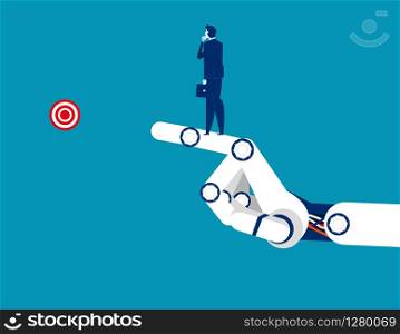 Technology success. Businessman standing on the arm mechanical. Concept business vector illustration. Flat character, Cartoon style design.