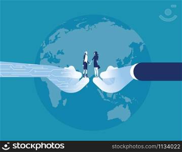 Technology success. Businesswoman and robot shaking hand. Concept business vector illustration.
