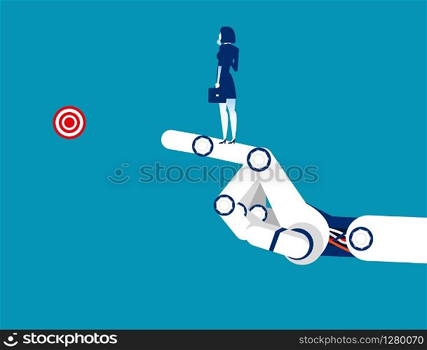 Technology success. Businesswoman standing on the arm mechanical. Concept business vector illustration. Flat character, Cartoon style design.