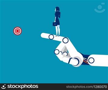 Technology success. Businesswoman standing on the arm mechanical. Concept business vector illustration. Flat character, Cartoon style design.
