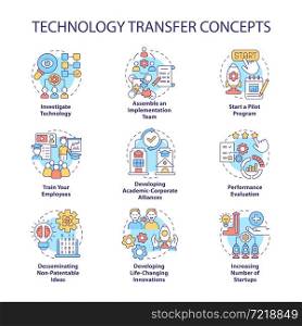 Technology transfer concept icons set. Innovation implementation. Corporate partnership development. idea thin line color illustrations. Vector isolated outline drawings. Editable stroke. Technology transfer concept icons set