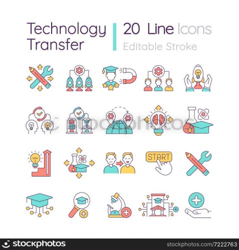 Technology transfer RGB color icons set. Industry innovation and development. Knowledge and skills sharing. Isolated vector illustrations. Simple filled line drawings collection. Editable stroke. Technology transfer RGB color icons set