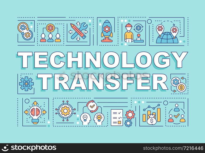 Technology transfer word concepts banner. Data dissemination process. Infographics with linear icons on turquoise background. Isolated creative typography. Vector outline color illustration with text. Technology transfer word concepts banner