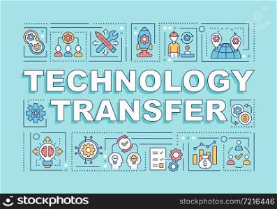 Technology transfer word concepts banner. Data dissemination process. Infographics with linear icons on turquoise background. Isolated creative typography. Vector outline color illustration with text. Technology transfer word concepts banner