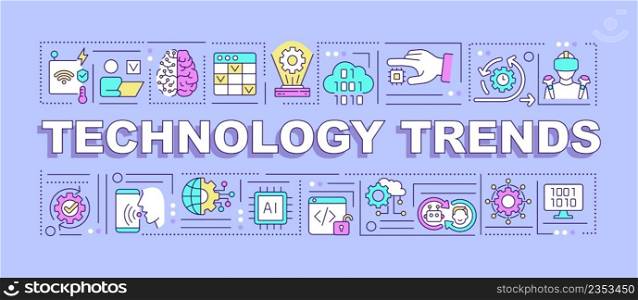 Technology trends word concepts purple banner. Digital industry. Infographics with icons on color background. Isolated typography. Vector illustration with text. Arial-Black font used. Technology trends word concepts purple banner