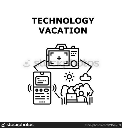 Technology vacation travel. tourism holiday design online. web internet summer vector concept black illustration. Technology vacation icon vector illustration