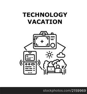 Technology vacation travel. tourism holiday design online. web internet summer vector concept black illustration. Technology vacation icon vector illustration