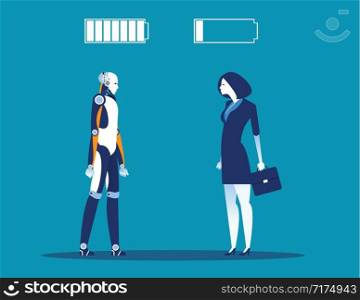 Technology vs human. Businesswoman with battery sign. Concept business vector illustration.