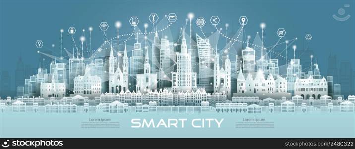 Technology wireless mesh geometric network communication icon smart city with architecture in warsaw Poland at europe for design banner technology, Green city wireless network architecture in Poland.