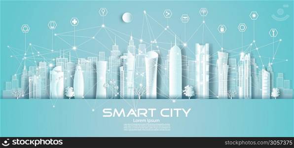 Technology wireless network communication smart city and icon with architecture in Qatar downtown skyscraper on blue background, Vector illustration futuristic green city and panorama view.